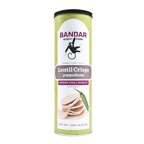 Bandar Foods Lentil Crisps Poppadums, Green Chili Garlic, 4.23 Ounce (609788026631)