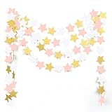 MOWO Paper Garland Twinkle Star Pink Gold Glitter and White 3'' Circle Decoration 2pc 20 feet in Total