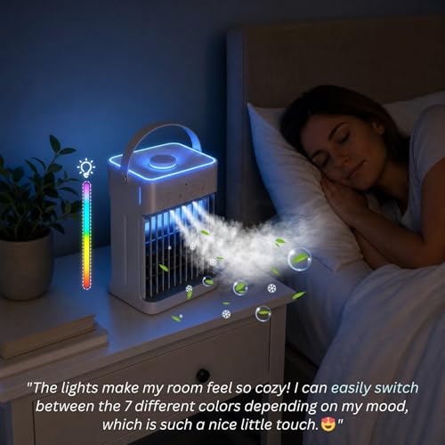 Portable Air Conditioner, 3 Speeds, 3 Mist Settings, 1100ml XL Water Tank, 2~8h Timer, Air Conditioner Portable, Climatiseur Portatif, Personal Small Mini Air Conditioner Cooling Fan for Room Bedroom