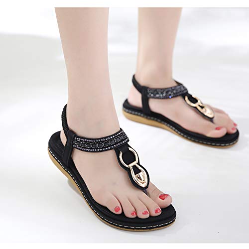 Women's Bohemian Summer Flat Thong Sandals, Black T-Strap Flip Flop Glitter Rhinestone Shiny Golden Metal Shoes for Dressy Casual Jeans Daily Wear and Beach Vacation, Homecoming Vintage Evening Party - Thumbnail 4
