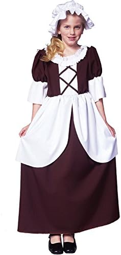 Arology Colonial Girl Child Size Costume Fabric for Comfortable Fit, Including Dress and Hat/Bonnet (Medium (8-10))