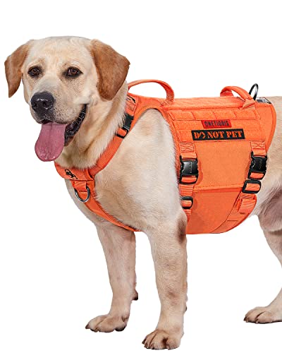 OneTigris Tactical Dog Harness with 5X Metal Buckle,Dog MOLLE Vest with Handle,No Pulling Front Clip,Hook and Loop Panel for Dog Custom Patch (Orange, L)