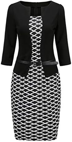 POQOQ Women Colorblock Plaid Wear to Work Business Bodycon One-Piece Sash Dress