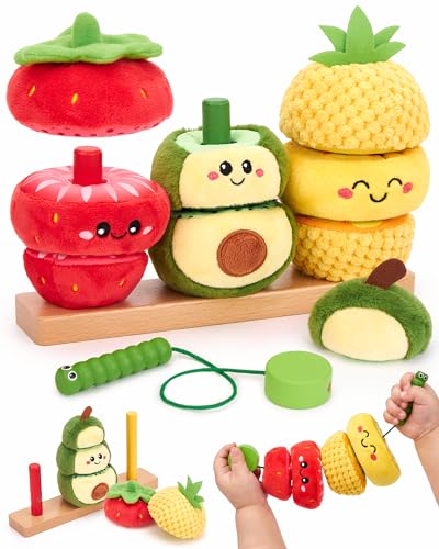 hahaland Juguetes Montessori 1 Años - Frutas Apilables con Cordón para Ensartar, Juego Educativo Sensorial para Motricidad Fina, Regalo Niño 1 2 3 Años