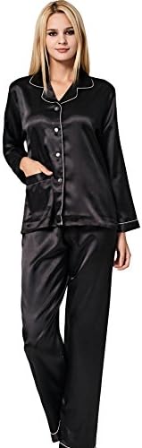VlSl Womens Silk Satin Pajamas Set Sleepwear Loungewear Two-Piece Long Sleeve Pajama Set (Medium, Black Style 2)