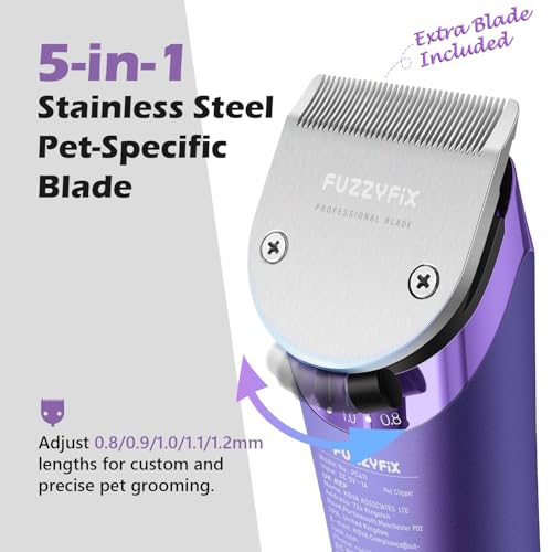 FuzzyFix Dog Grooming Clipper with Replacement Blade, 5-in-1 Adjustable Blade Cordless Pet Grooming Kit 2 Speed Rechargeable Trimmer Hair Shaver with Detachable Metal Combs