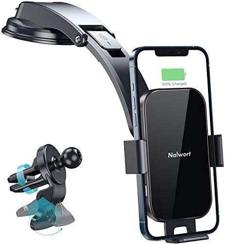 Nalwort Wireless Car Charger 15W Qi Fast Charge with Metal Frame Dashboard and Air Vent Phone Holder Auto Clamping Wireless Car Charger Mount Compatible for iPhone 11/XR/X, Samsung S20/S10 and More