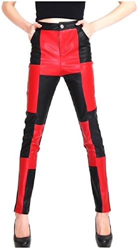xiaokong Women's Patched Fashionable Faux-Leather Fall Winter Jeggings Red M