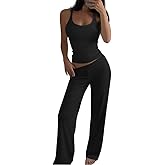 CHICME Women's 2 Piece Lounge Set U Neck Ribbed Knit Tank Top Pj Loungewear Casual Wide Leg Pants Comfy Matching Sets