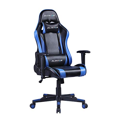Alistar Silla para juegos Silla de oficina de carreras Silla ergonómica de masaje Silla reclinable de cuero sintético para juegos de computadora con reposacabezas y almohada lumbar Silla de trabajo giratoria para mujeres adultas azul