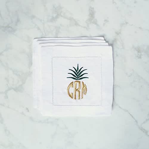 Monogram Linen Cocktail Napkin Set, Embroidered Cocktail