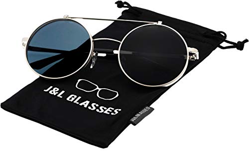 J&L Glasses Retro Flip-Up Round Goggles Seampunk Sunglasses (Silver,Black, Clear)