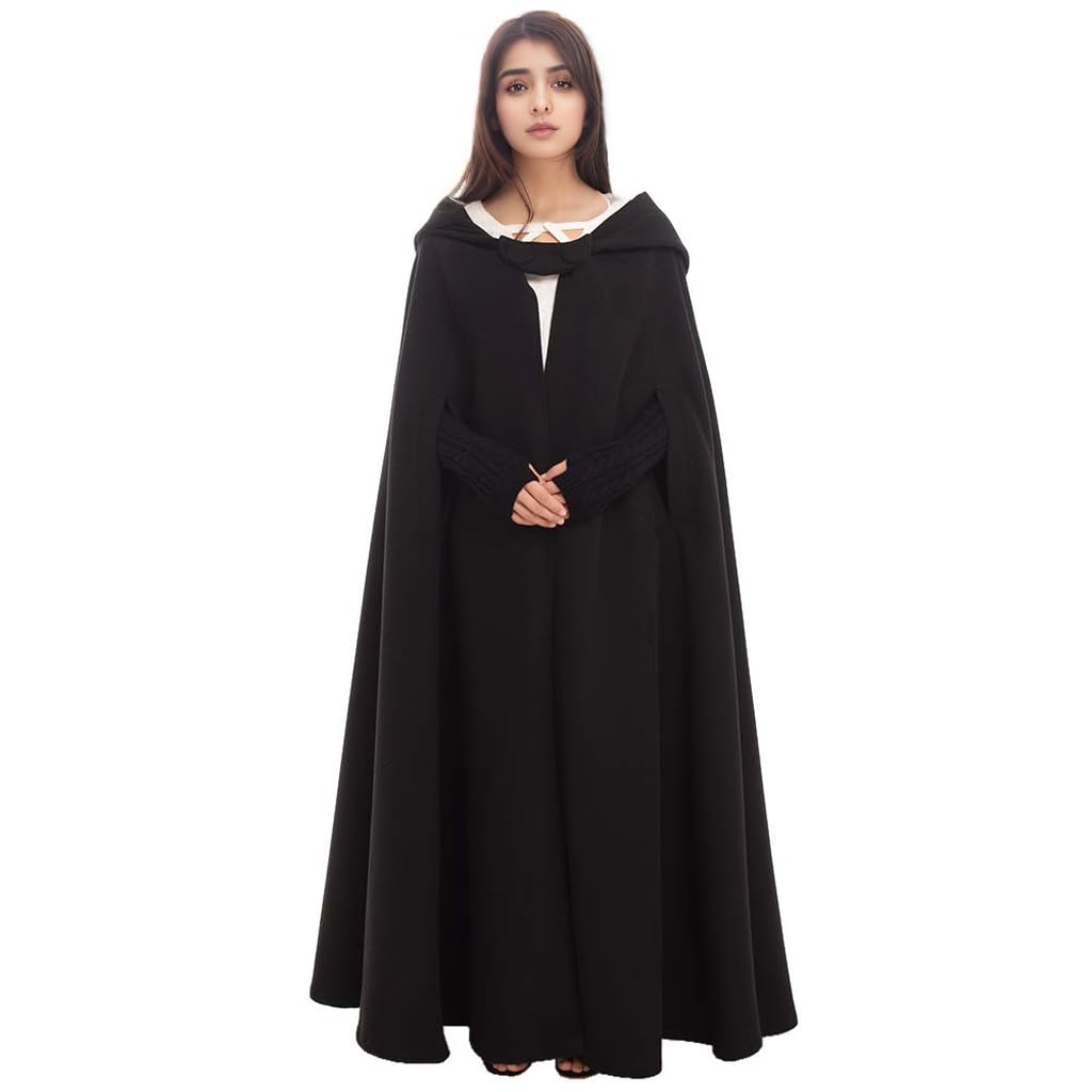 GRACEART Medieval Cosplay Robe Cloak Wool Blend Hooded Cape (Black)(Size: One Size)