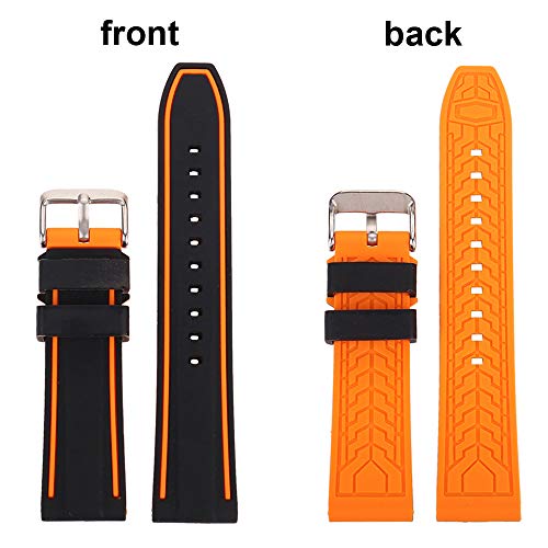 EACHE Silicone Watch Band Two-Color Splicing Rubber Replacement Diver Sport Waterproof Watch Strap Black Orange Silver Buckle 22mm