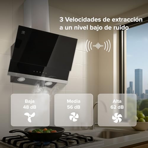 AVERA Campana de Cocina Extractora 60cm de pared, 3 velocidades, Panel táctil, Luz LED, Acero inoxidable y vidrio templado, Filtro de carbón activado y malla metálica lavable | CEA60C
