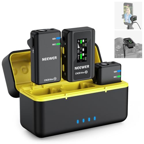 NEEWER CM28 Max Wireless Lavalier Microphone System with Charging Case 48KHz/24Bit Lossless Float Recording Noise Cancellation 8GB Storage 25Hrs Battery 300m Range for iPhone iPad Android Camera PC