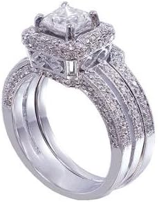 14K White Gold Princess and Round Cut Diamond Engagement Ring and Band Prong Set Split Shank Style Bridal Wedding Set 1.50ctw