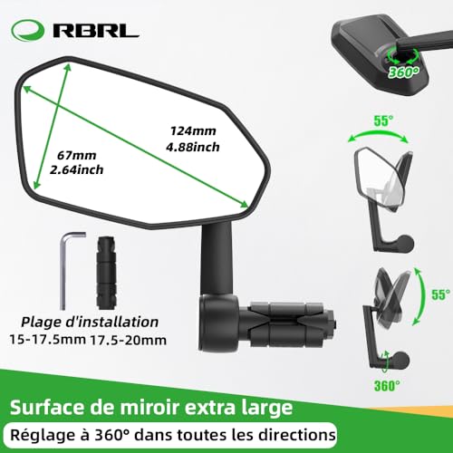 RBRL Bicycle Mirror, Not Easy to Block, Extra Large Bike Mirror, Shatterproof and Durable Bicycle Mirror, Suitable for Electric Bike (Left)