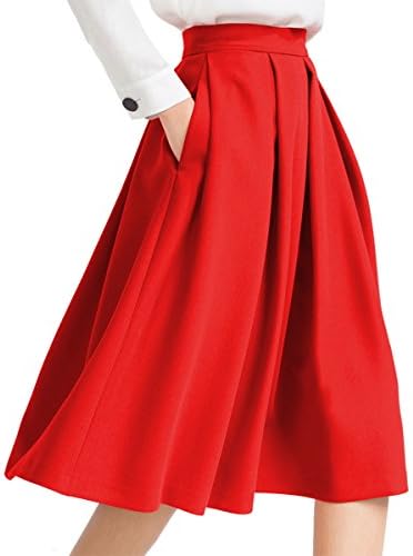Yige Women's High Waist Flared Skirt Pleated Midi Skirt with Pocket