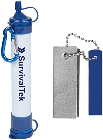 Personal Water Filter Purifier & Magnesium Flint Fire Starter PLUS Nylon Draw-String Carry Bag - For Camping, Hiking, Emergency Preparedness, Tactical & More