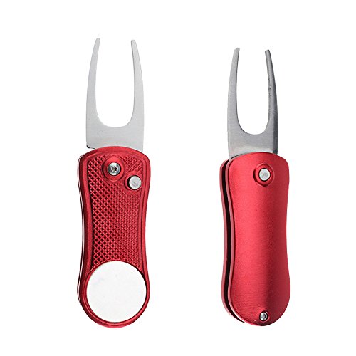 2 Pack Golf Divot Repair Tool - Stainless Steel Switchblade With Detachable Ball Marker (Red)