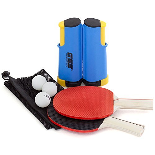 Retractable Anywhere Table Tennis Set with 2 Paddles & 3 Balls and a Mesh Storage Bag by GSE (Blue & Yellow)