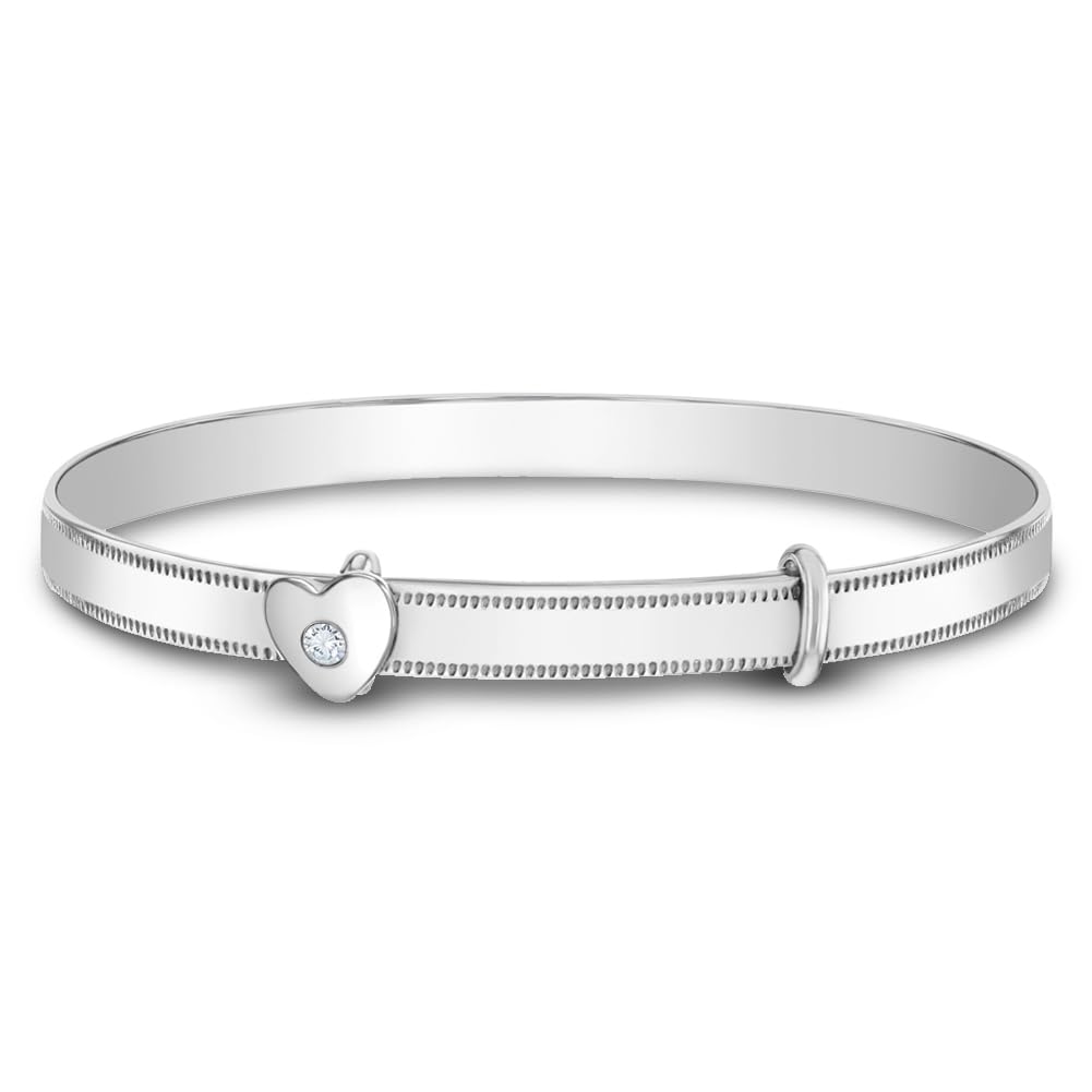 925 Sterling Silver Clear Cubic Zirconia Heart Adjustable Bangle Bracelet For Toddler Girls - Expandable Children's Bracelets - Heart Shaped Bracelets for Little Girls