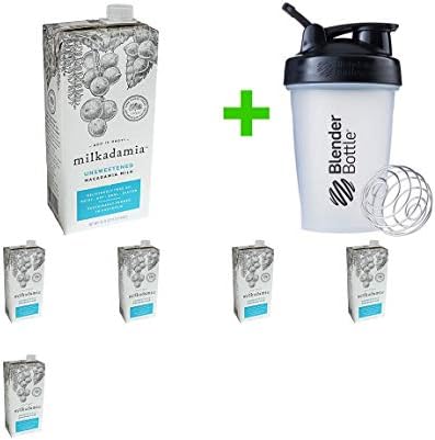 Milkadamia Unsweetened Macadamia Milk, 32 oz (6 PCS) + Sundesa, BlenderBottle, Classic With Loop 20 Oz (Assorted Colors)