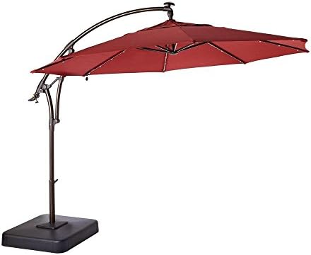 Amazon Com Hampton Bay 11 Ft Led Round Offset Patio Umbrella In Red Garden Outdoor
