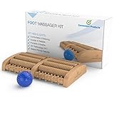 Wood Foot Massager Roller - Dual Wood Massager For Plantar Fasciitis & FREE Reflexology Ball For Heels Included - Best Pain Relief Kit