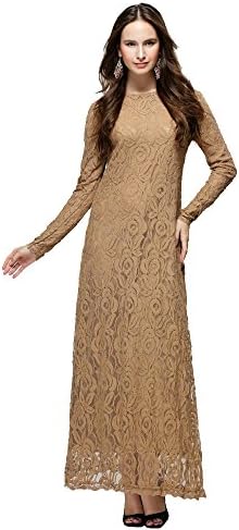 XFentech Women's Fashion Muslim Dress Long Sleeve Slim Lace Kaftan Abaya Middle East Islamic Clothing Long Maxi Dress