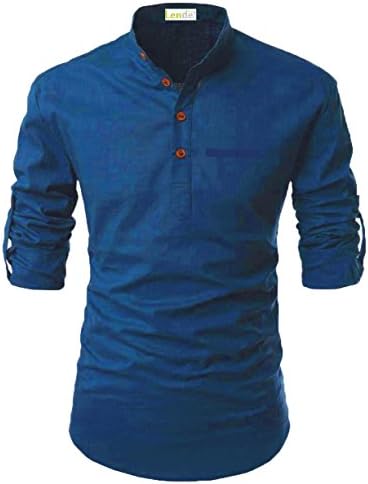 Lende Beloved Men Henley Neck Rollup Sleeve Daily Look Linen Shirts Tank Tops (S, Blue)
