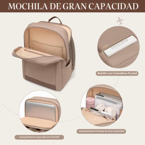 GOLF QUALITY Laptop Backpack 14 Inches, Women's Large Capacity Backpack with Laptop Compartment, Waterproof Casual Daypack for Work College Travel, Champagne Brown