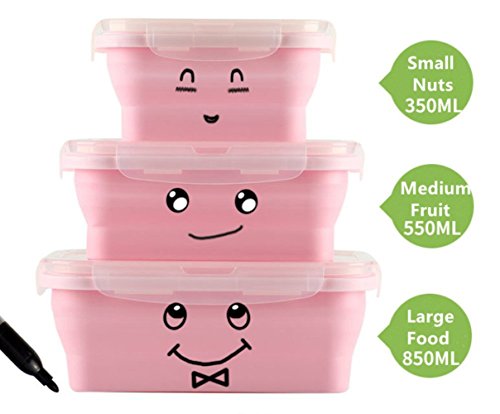 Silicone Lunch Box Portable Collapsible Folding Food Storage Container Kitchen Microwave, Dishwasher and Freezer Safe Household Picnic bento box for teens Pink(3pcs)