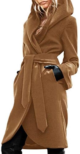 Sysea Womens Fall Winter Hooded Woolen Coat Open Front Mid Length Wrap Belt Overcoat Robe Outerwear