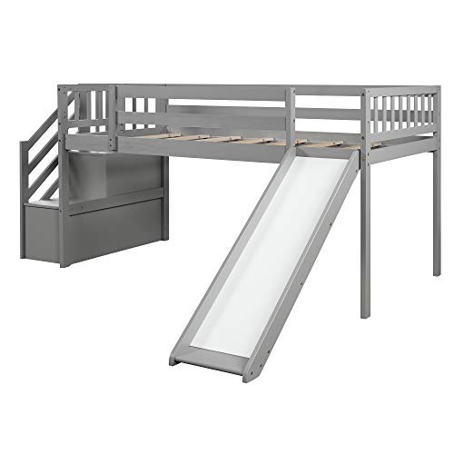 Kids Low Loft Bed with Slide and Storage Twin Loft Bed Frame with