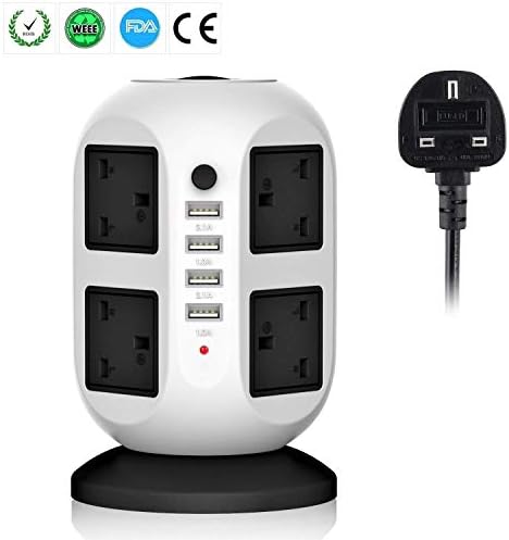 2M Extension Lead, 4 USB Ports 8 Way Outlets Tower Power Strip Vertical Socket with Surge Protector Overload Protection, Individual Switch, Universal for Home Office (C: New Black)