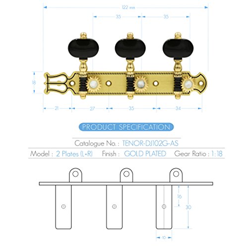 DJ102G-AS TENOR Classical Guitar Tuners Professional Tuning Key Pegs/Machine Heads for Classical or Flamenco Guitar with Gold Finish and Black Buttons. - Thumbnail 6