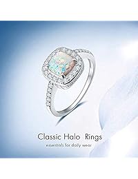 Carleen - Anillo de compromiso chapado en oro blanco de 14 quilates de plata de ley 925 con ópalo de fuego blanco creado y circonita cúbica