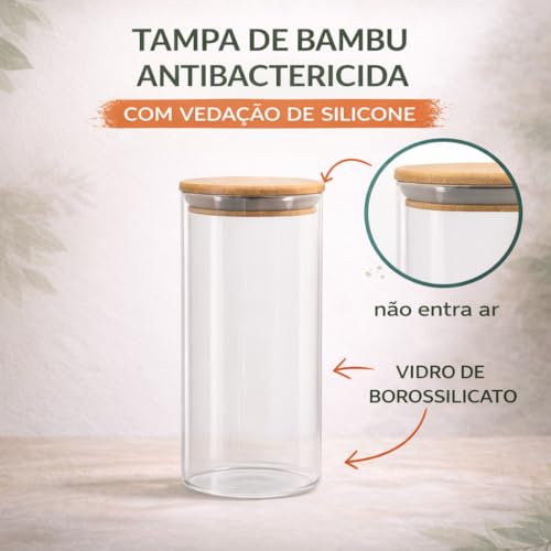 Conjunto de 11 Potes de Vidro Herméticos com Tampa de Bambu – Organizadores de Mantimentos para Cozinha – Recipientes para Grãos, Cereais, Café e Temperos – Potes de Vidro com Vedação de Silicone