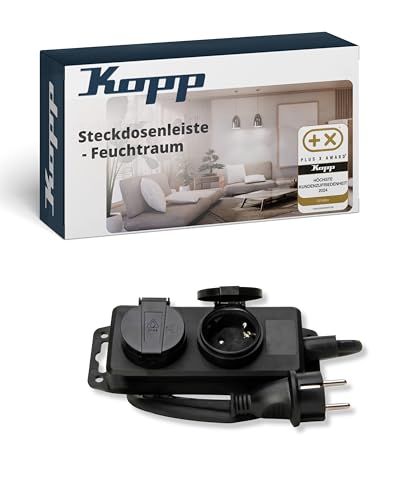 Kopp Presa a 2 vie protetta dallumidita con Copricavo da 1.4 m, robusta ciabatta avvitabile + sospendibile, IP44, per uso interno ed esterno, Nero, 223002043