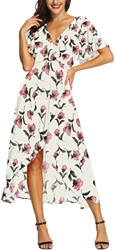 Azalosie Wrap Maxi Dress Short Sleeve V Neck Floral Flowy Front Slit High Low Women Summer Beach Party Wedding Dress