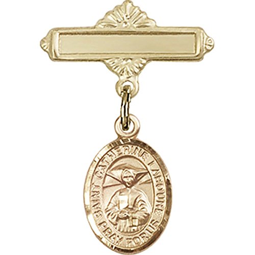 Gold Filled Baby Badge with St. Catherine Laboure Charm and Polished Badge Pin 1 X 5/8 inches
