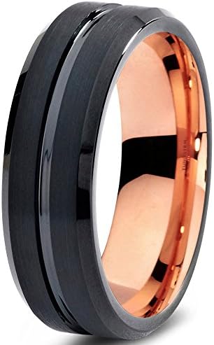 Tungsten Wedding Band Ring 6mm for Men Women Black &amp; 18K Rose Gold Plated Beveled Edge Brushed Polished