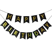 Lovely Black Happy Birthday Banner,Birthday Party Decorations and Supplies,with Shiny Gold Letters, Beautiful, Swallowtail Bunting Flag Garland