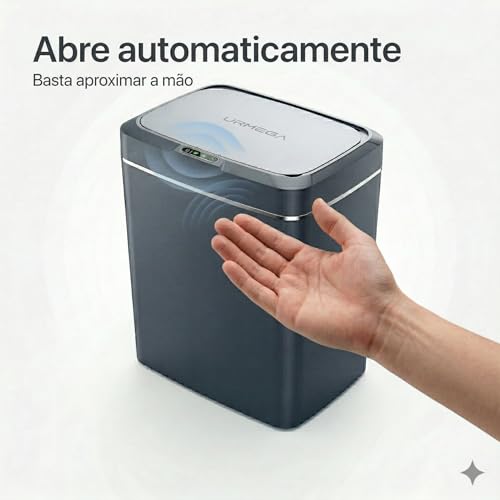 Lixeira Automática com sensor, Lixeira inteligente, inteligente com sensor, grande, 15 litros, Lixeira sem Contato para Sala de Estar, Cozinha, Banheiro, Escritório, Quarto, comerciais, (cinza)