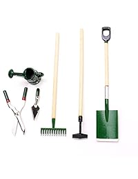 JETEHO - Juego de 6 accesorios de trabajo en miniatura para casa de muñecas o jardín (3 herramientas de jardín + 1 tijera, 1 pala, 1 riego)
