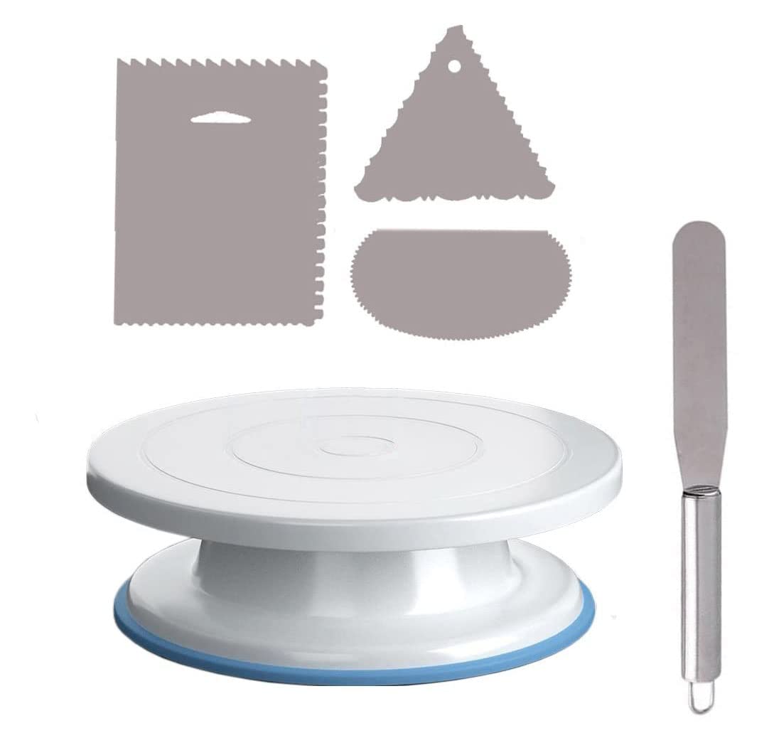 Yizish Cake Turntable, 11 Inch Rotating Cake Stand with Stainless Steel Icing Spatula and Icing Smoother (3pcs) for Baking, Cake Decorating, Pastries and Cupcakes