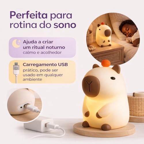 Luminária de Silicone Capivara LED Touch RGB, Bateria Recarregável USB com Intensidade de Luz Controlável no Toque e Temporizador Automático - Decoração Ideal para Crianças - Qualidade Premium LNSTORE