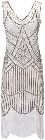 S-3xl Women's 1920s Gatsby Cocktail Sequin Beaded V-Neck Fringed Tassels Hem Flapper Dress